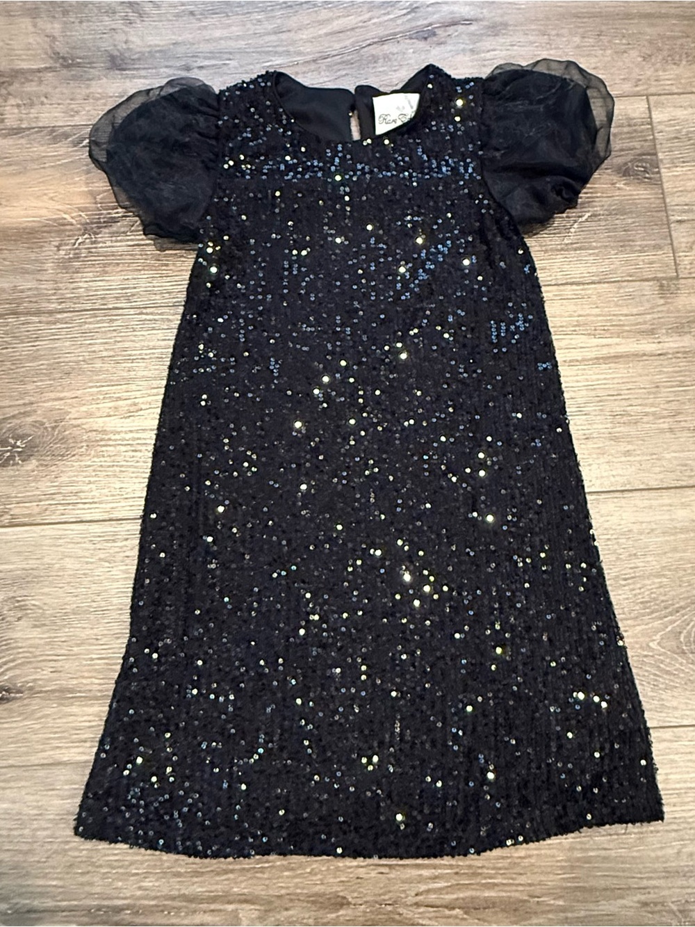 Rare Editions Black Sequin Puff Sleeve Dress